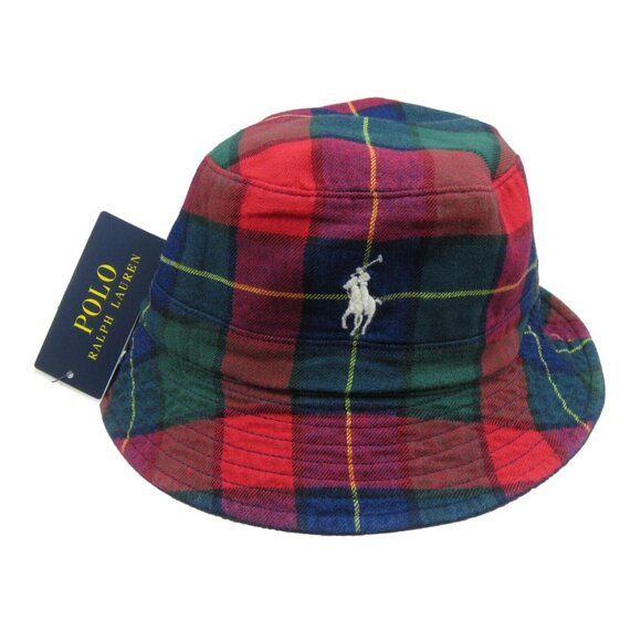 Polo Ralph Lauren Plaid Navy Red Reversible Bucket Hat Adult Size S/M NEW - Picture 1 of 15